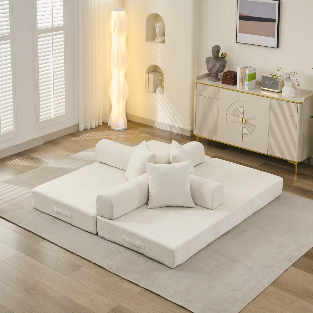 Comfy Convertible Folding Mattress Couch, Floor Sofa Bed, Chenille Floor Sofa with Armrest, Floor Sofa Lounge Couch for Living Room Bedroom Lounge Studio-Beige
