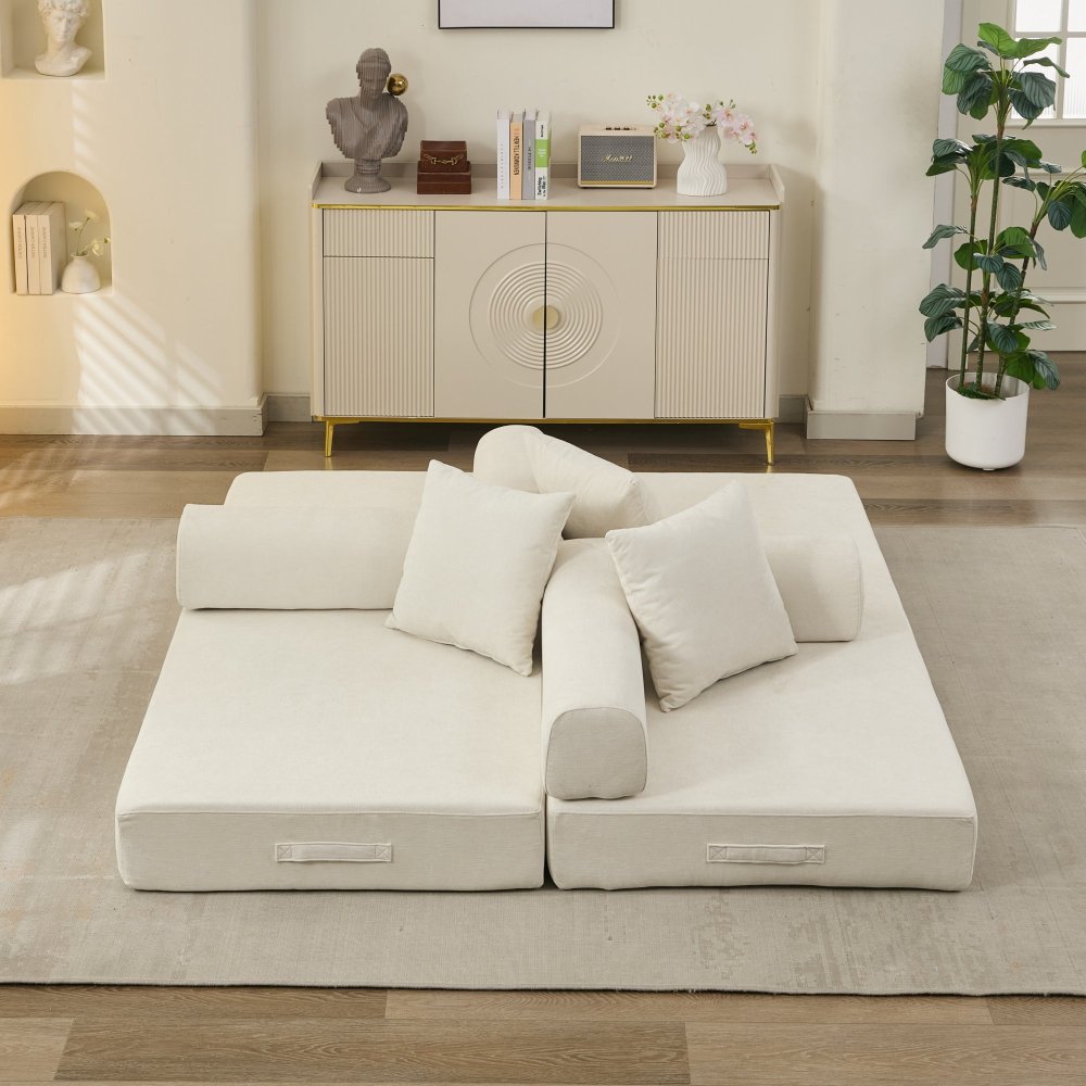 Comfy Convertible Folding Mattress Couch, Floor Sofa Bed, Chenille Floor Sofa with Armrest, Floor Sofa Lounge Couch for Living Room Bedroom Lounge Studio-Beige