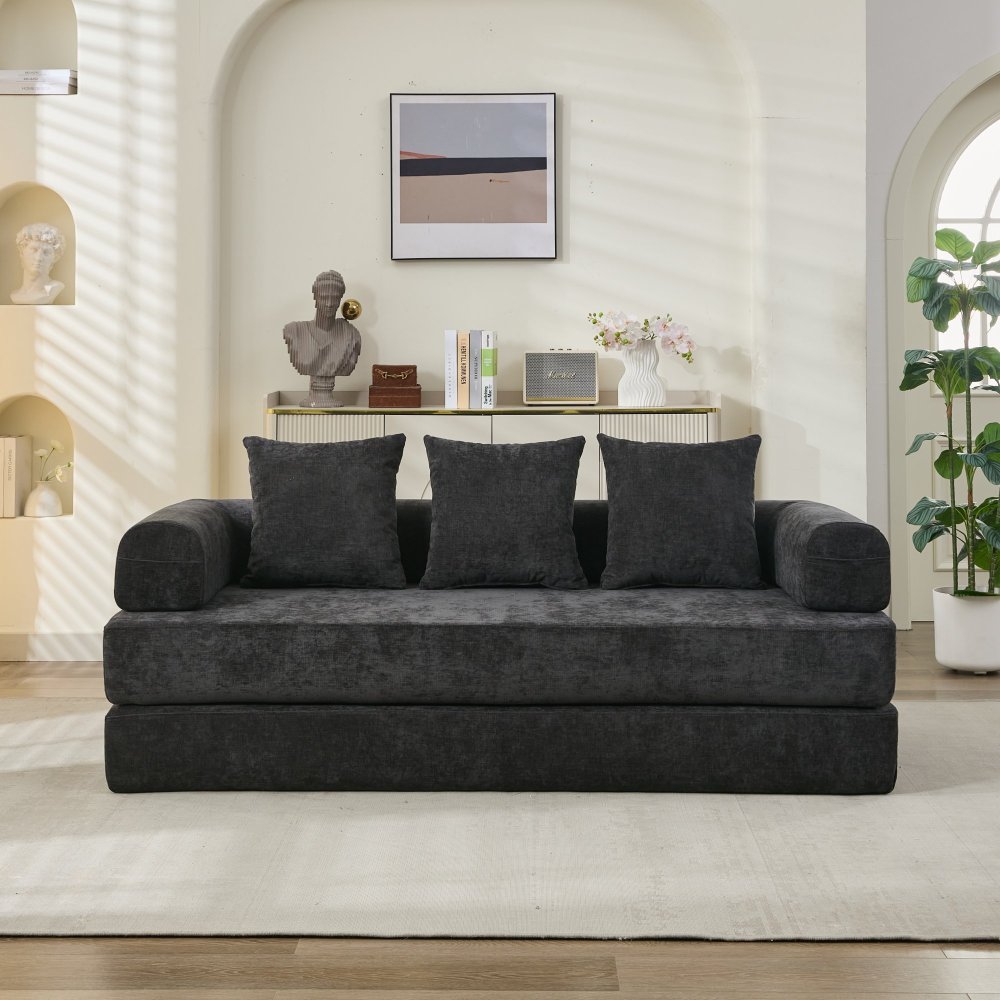 Comfy Convertible Folding Mattress Couch, Floor Sofa Bed, Chenille Floor Sofa with Armrest, Floor Sofa Lounge Couch for Living Room Bedroom Lounge Studio-Beige