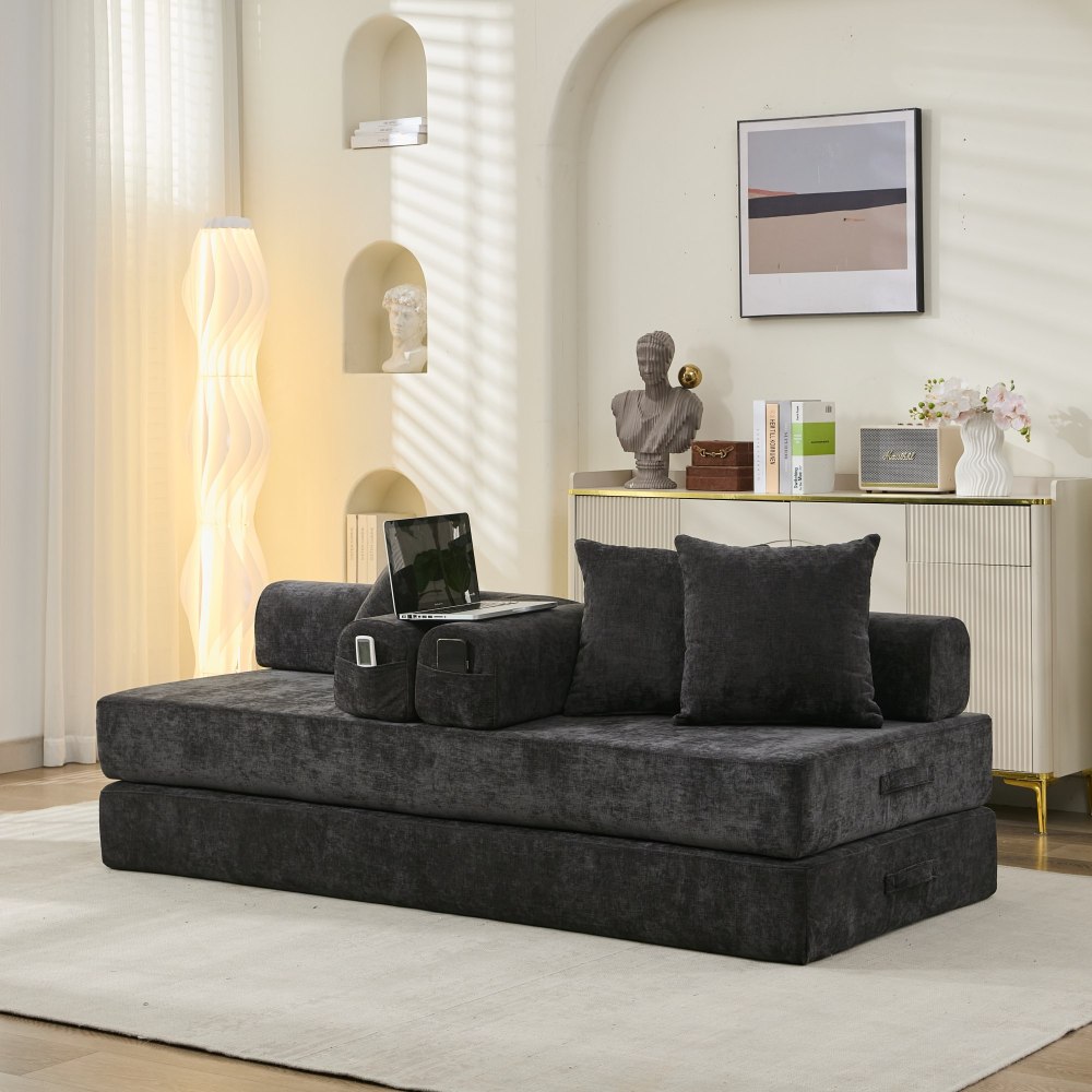 Comfy Convertible Folding Mattress Couch, Floor Sofa Bed, Chenille Floor Sofa with Armrest, Floor Sofa Lounge Couch for Living Room Bedroom Lounge Studio-Beige