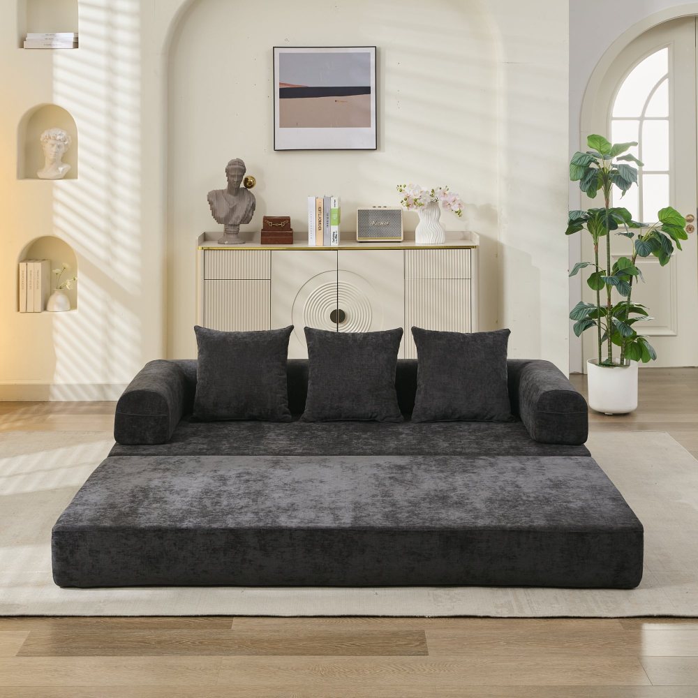 Comfy Convertible Folding Mattress Couch, Floor Sofa Bed, Chenille Floor Sofa with Armrest, Floor Sofa Lounge Couch for Living Room Bedroom Lounge Studio-Beige