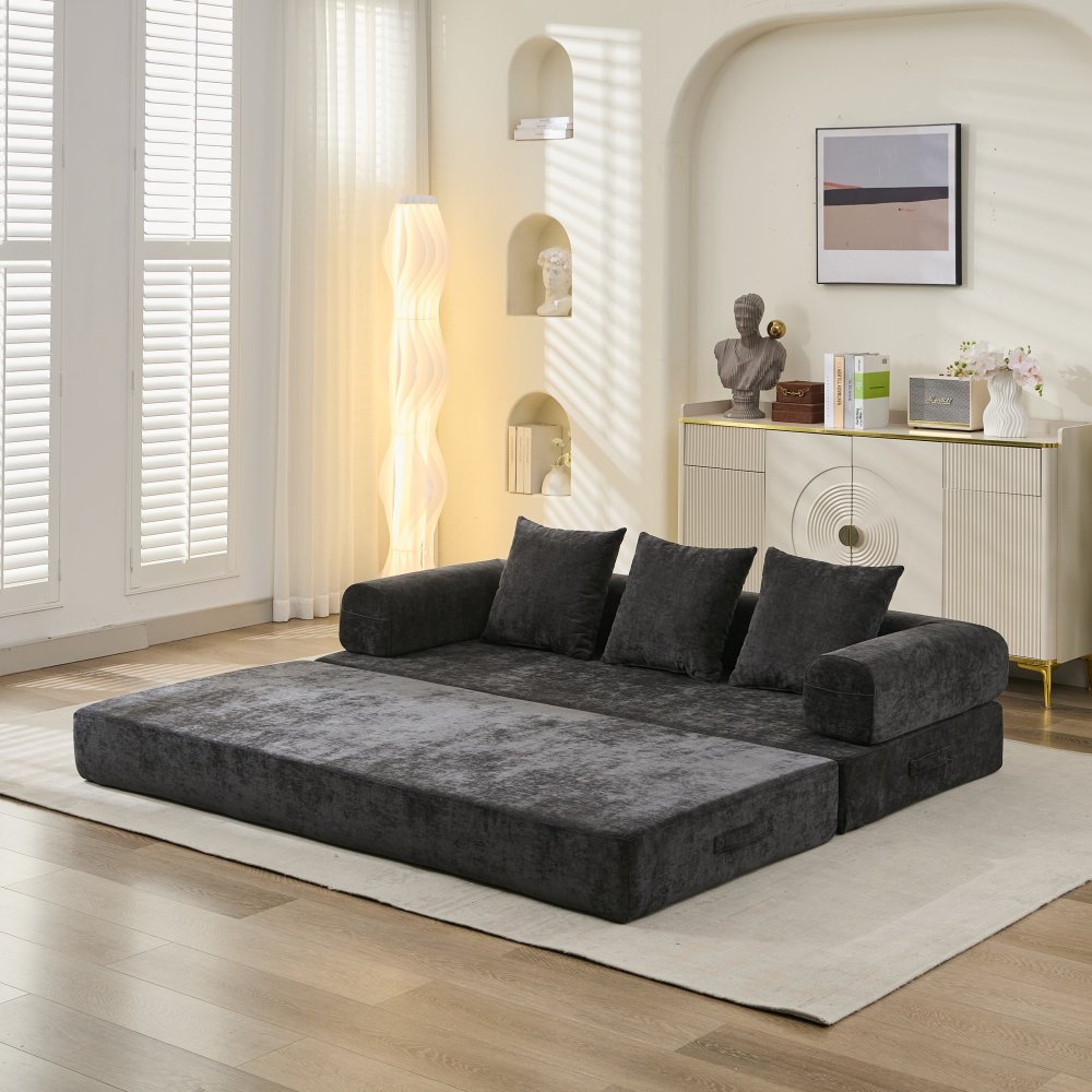 Comfy Convertible Folding Mattress Couch, Floor Sofa Bed, Chenille Floor Sofa with Armrest, Floor Sofa Lounge Couch for Living Room Bedroom Lounge Studio-Beige