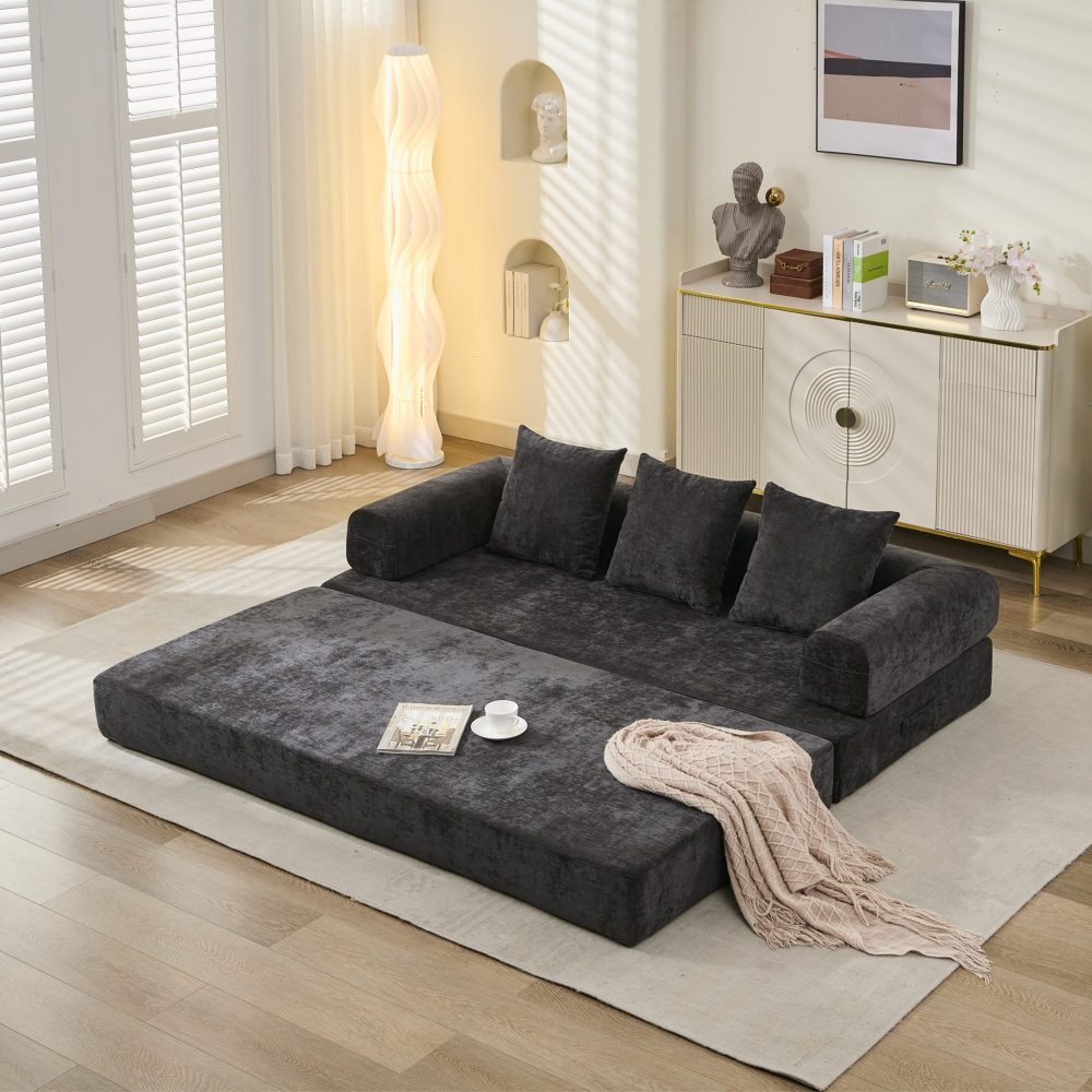 Comfy Convertible Folding Mattress Couch, Floor Sofa Bed, Chenille Floor Sofa with Armrest, Floor Sofa Lounge Couch for Living Room Bedroom Lounge Studio-Beige