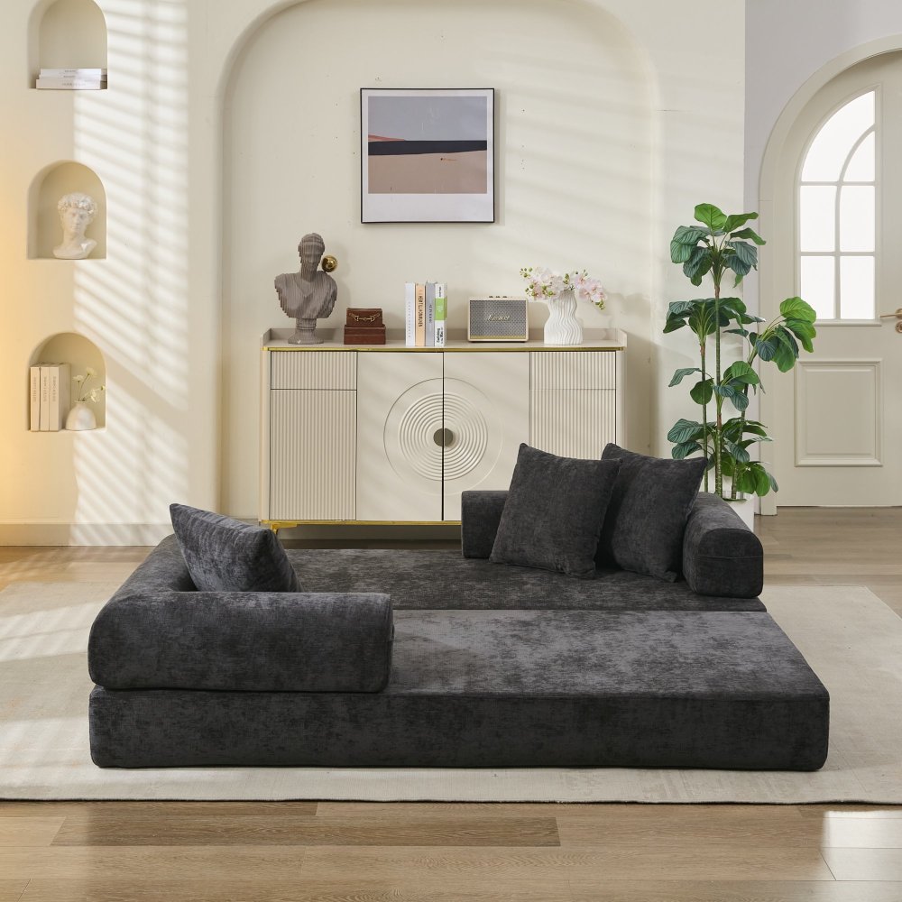 Comfy Convertible Folding Mattress Couch, Floor Sofa Bed, Chenille Floor Sofa with Armrest, Floor Sofa Lounge Couch for Living Room Bedroom Lounge Studio-Beige