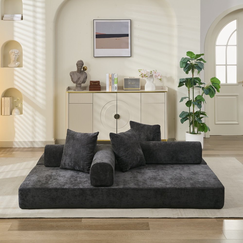 Comfy Convertible Folding Mattress Couch, Floor Sofa Bed, Chenille Floor Sofa with Armrest, Floor Sofa Lounge Couch for Living Room Bedroom Lounge Studio-Beige