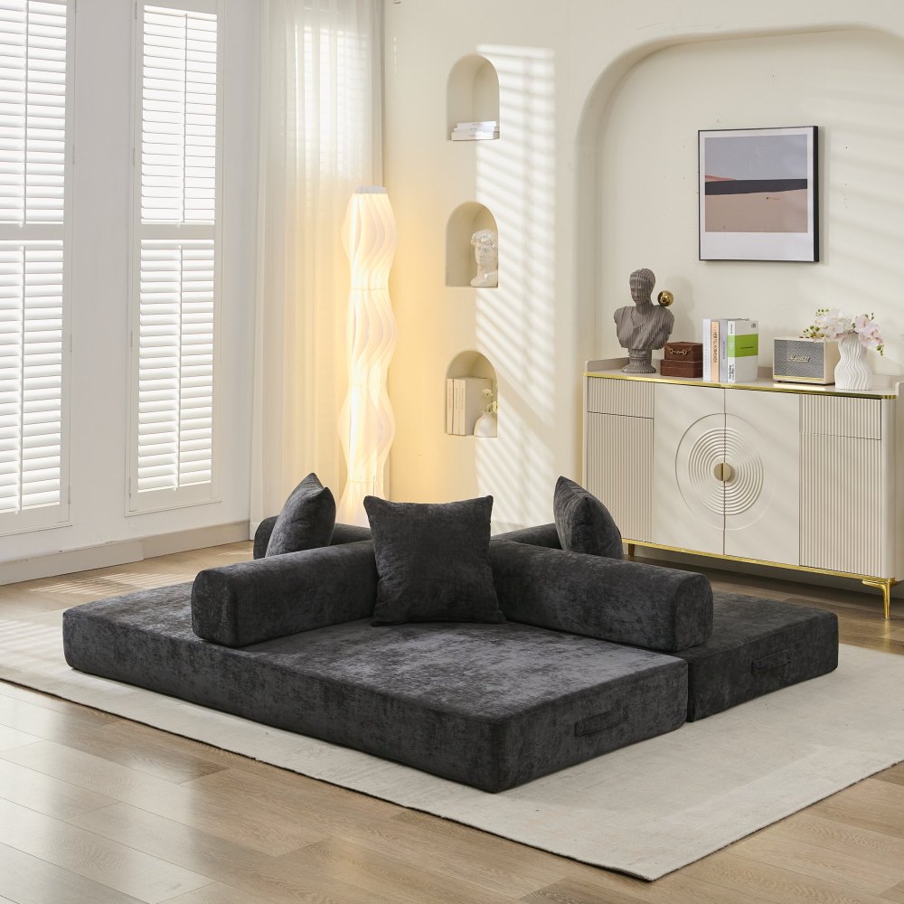 Comfy Convertible Folding Mattress Couch, Floor Sofa Bed, Chenille Floor Sofa with Armrest, Floor Sofa Lounge Couch for Living Room Bedroom Lounge Studio-Beige