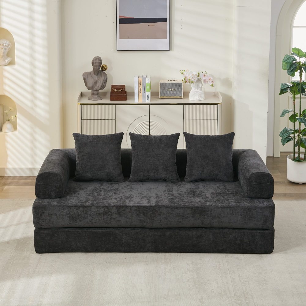 Comfy Convertible Folding Mattress Couch, Floor Sofa Bed, Chenille Floor Sofa with Armrest, Floor Sofa Lounge Couch for Living Room Bedroom Lounge Studio-Beige