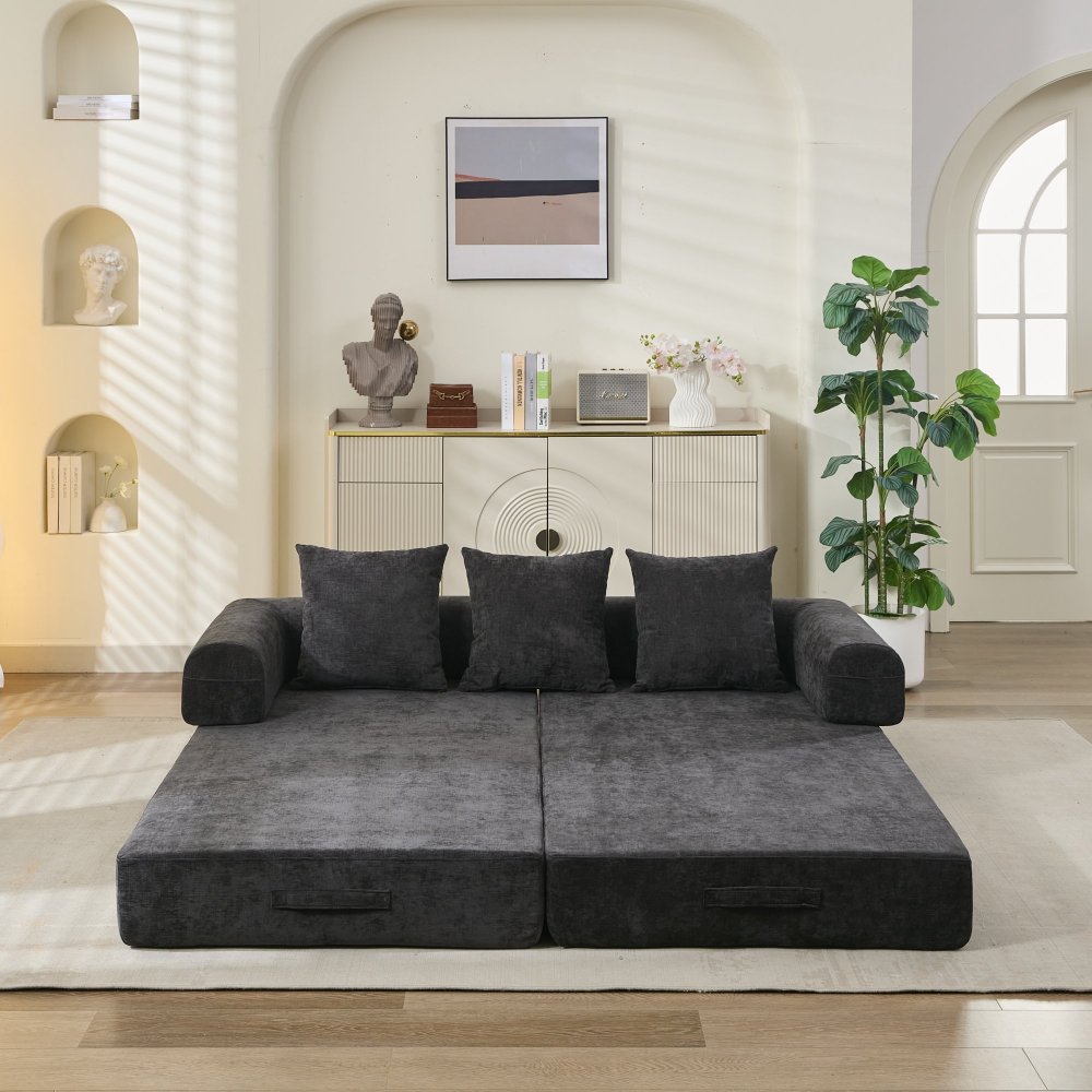 Comfy Convertible Folding Mattress Couch, Floor Sofa Bed, Chenille Floor Sofa with Armrest, Floor Sofa Lounge Couch for Living Room Bedroom Lounge Studio-Beige