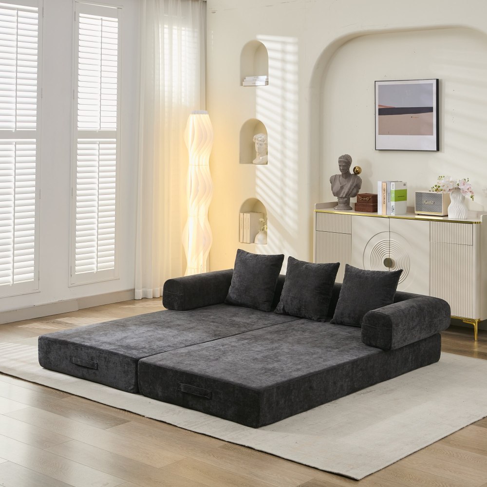 Comfy Convertible Folding Mattress Couch, Floor Sofa Bed, Chenille Floor Sofa with Armrest, Floor Sofa Lounge Couch for Living Room Bedroom Lounge Studio-Beige