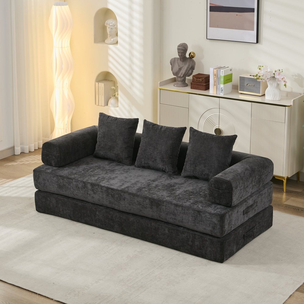 Comfy Convertible Folding Mattress Couch, Floor Sofa Bed, Chenille Floor Sofa with Armrest, Floor Sofa Lounge Couch for Living Room Bedroom Lounge Studio-Beige