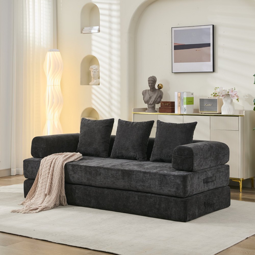 Comfy Convertible Folding Mattress Couch, Floor Sofa Bed, Chenille Floor Sofa with Armrest, Floor Sofa Lounge Couch for Living Room Bedroom Lounge Studio-Beige
