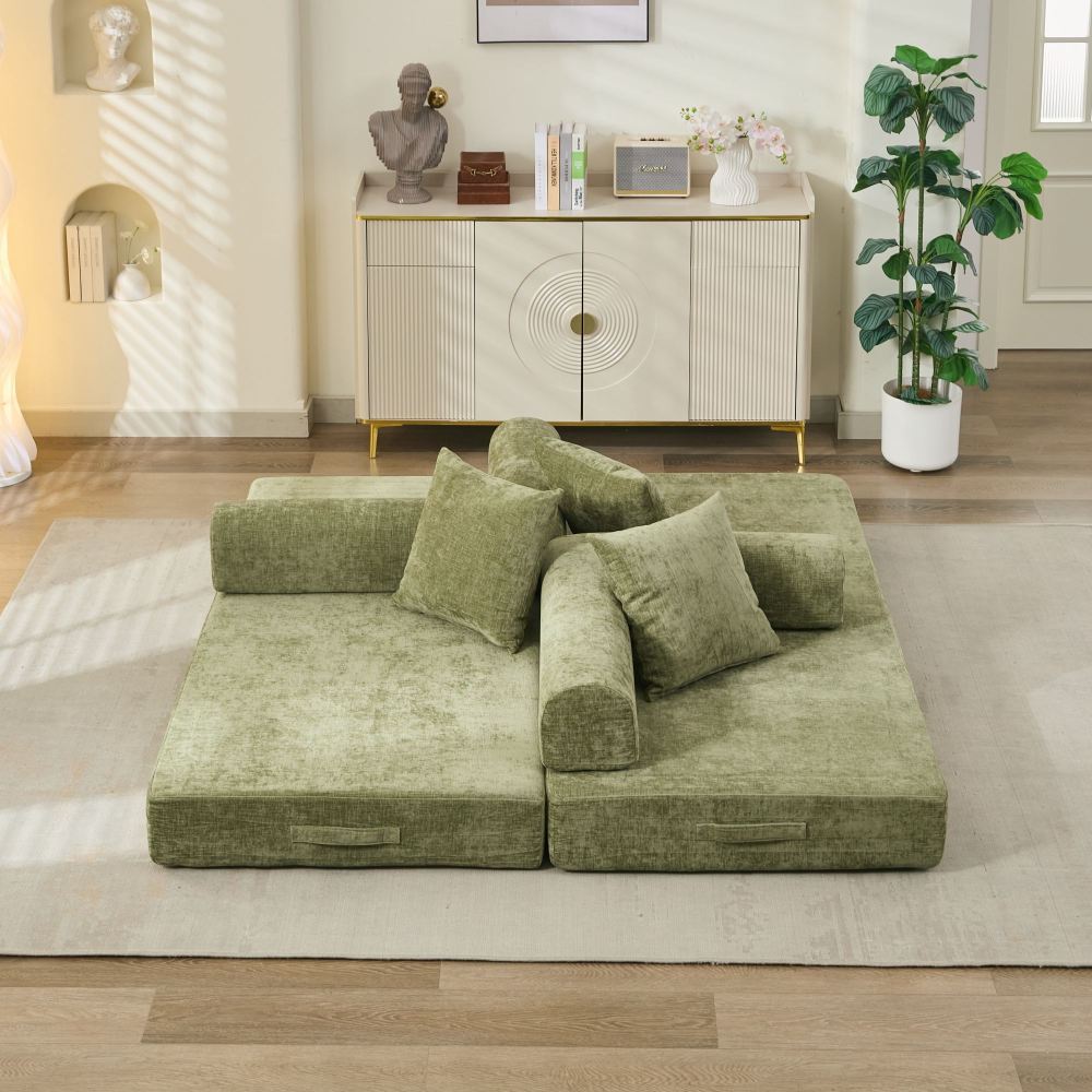 Comfy Convertible Folding Mattress Couch, Floor Sofa Bed, Chenille Floor Sofa with Armrest, Floor Sofa Lounge Couch for Living Room Bedroom Lounge Studio-Beige