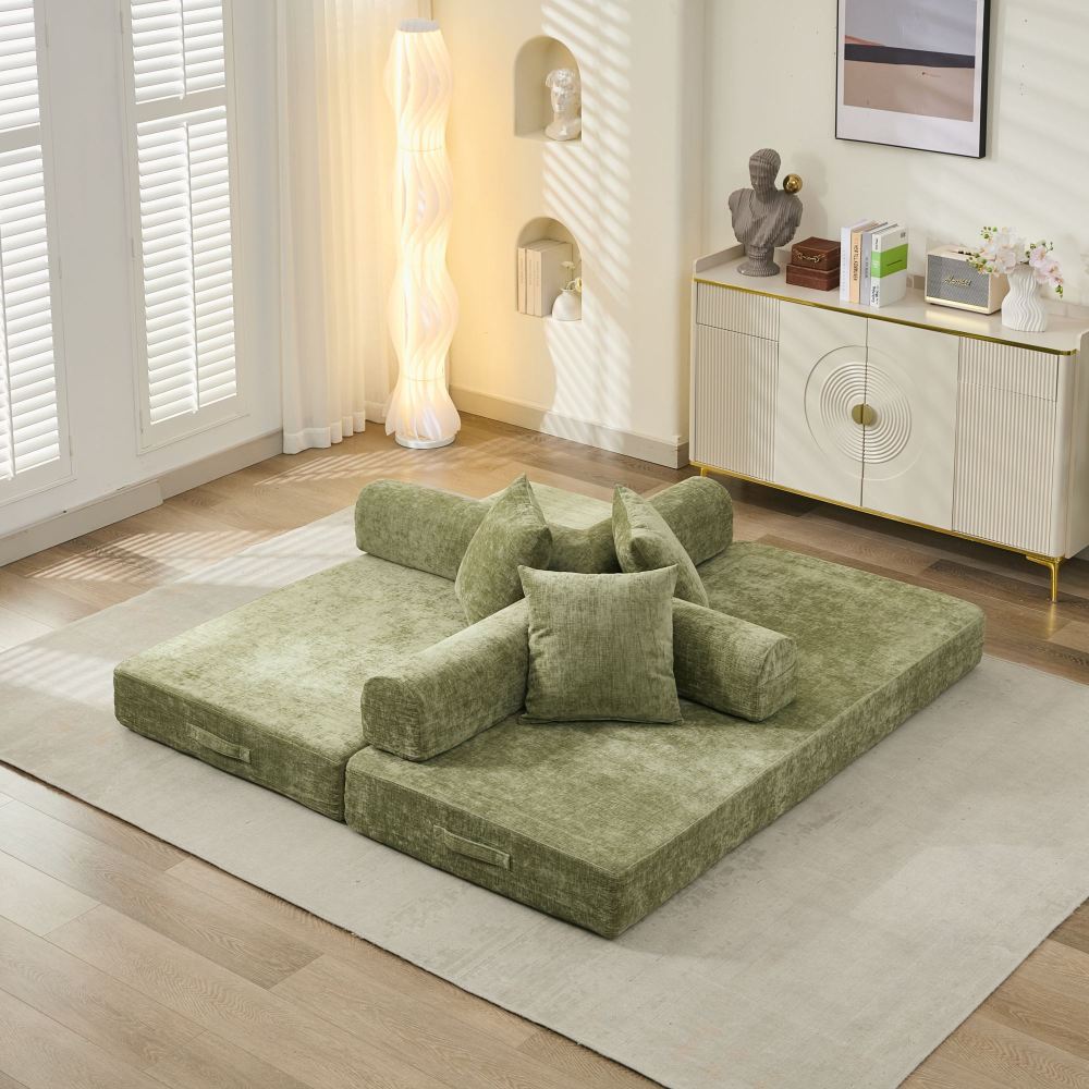Comfy Convertible Folding Mattress Couch, Floor Sofa Bed, Chenille Floor Sofa with Armrest, Floor Sofa Lounge Couch for Living Room Bedroom Lounge Studio-Beige