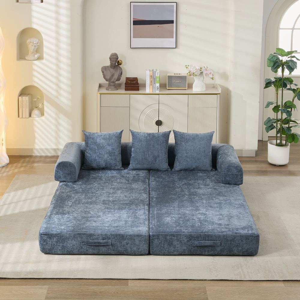 Comfy Convertible Folding Mattress Couch, Floor Sofa Bed, Chenille Floor Sofa with Armrest, Floor Sofa Lounge Couch for Living Room Bedroom Lounge Studio-Beige