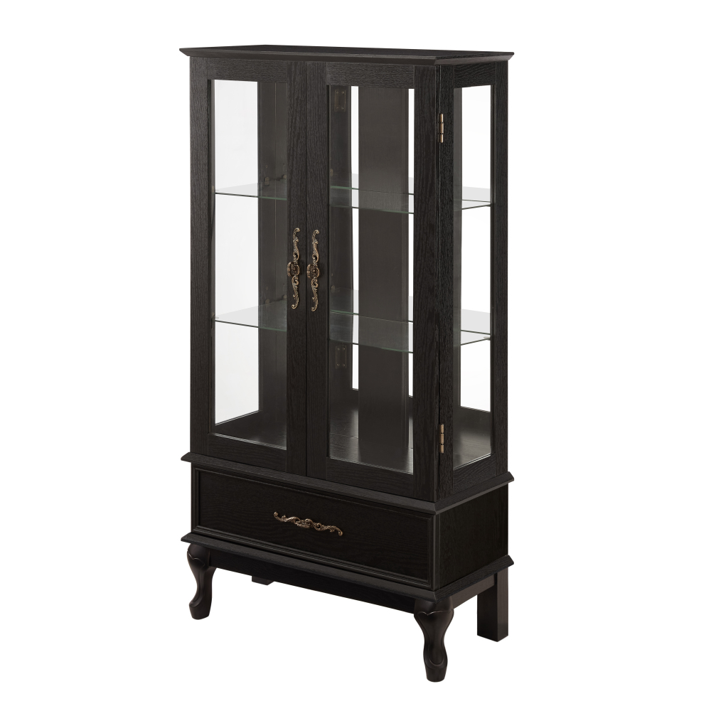Lighted Curio Cabinet with Glass Doors and Adjustable Shelves 2 Door Wine Cabinet Display Curio Cabinet with LED Lights Light Black Finish and Drawer for Home Decor and Storage