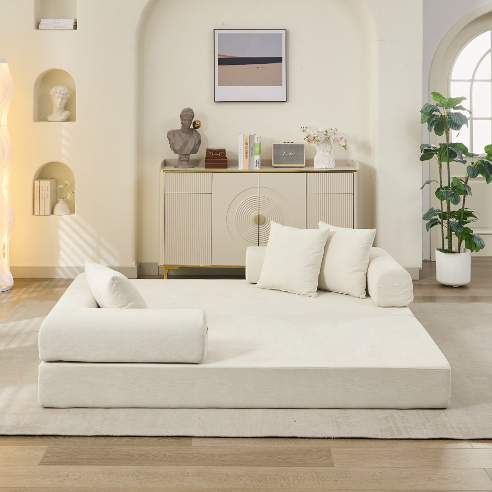 Comfy Convertible Folding Mattress Couch, Floor Sofa Bed, Chenille Floor Sofa with Armrest, Floor Sofa Lounge Couch for Living Room Bedroom Lounge Studio-Beige