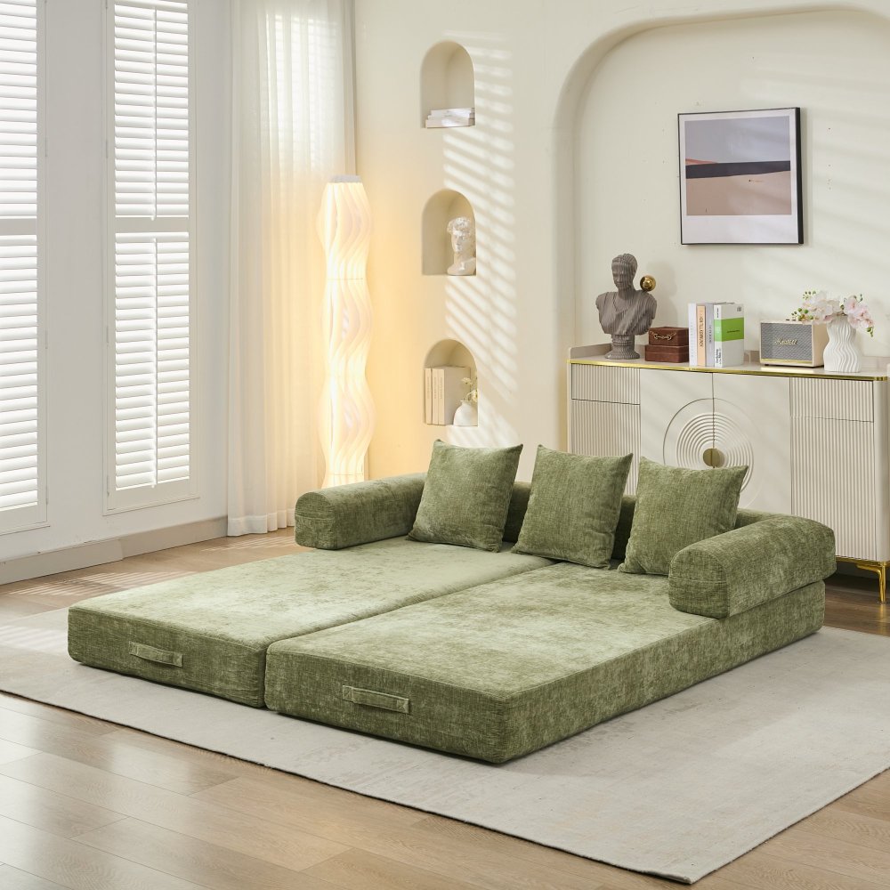 Comfy Convertible Folding Mattress Couch, Floor Sofa Bed, Chenille Floor Sofa with Armrest, Floor Sofa Lounge Couch for Living Room Bedroom Lounge Studio-Beige