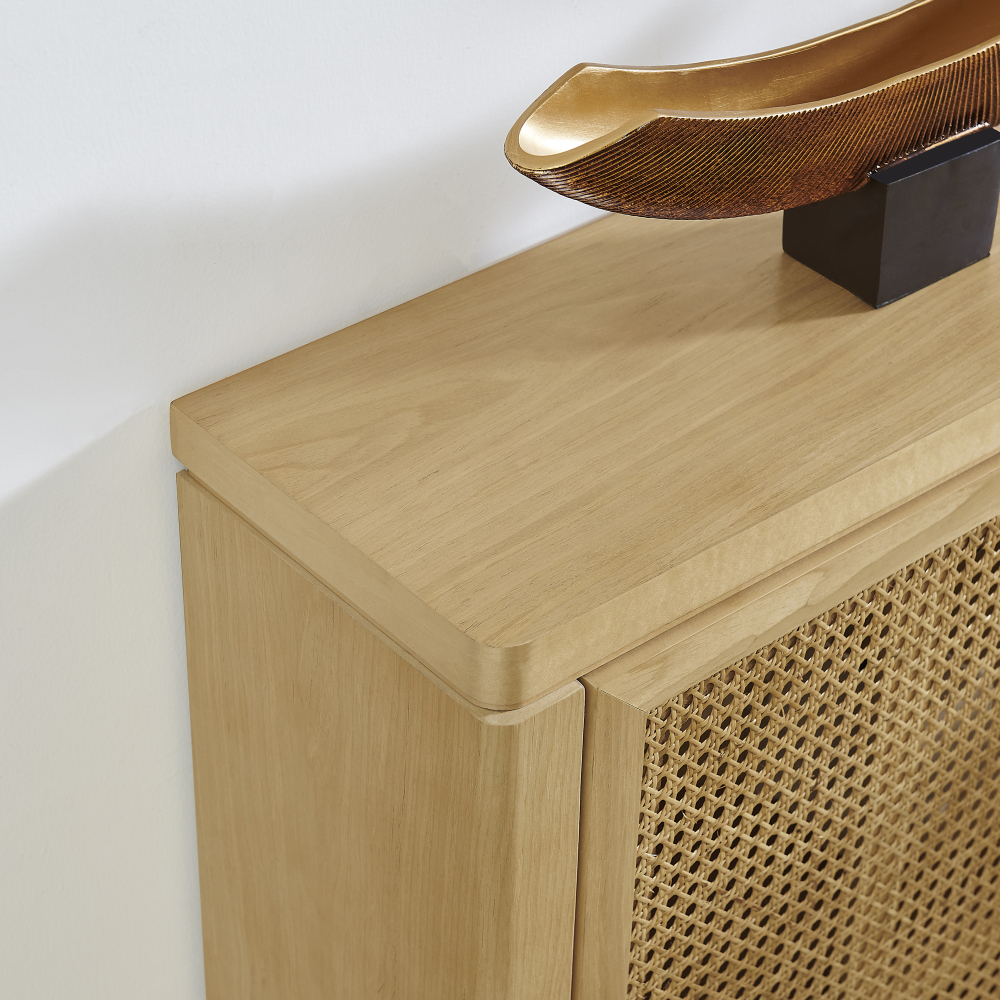 39.4" Mid Century Modern Rattan Sideboard Buffet Cabinet with 2 Outlet Holes, Coffee Bar Wine Bar Credenza, Retro Storage Cabinet for Entryway, Hallway, Living Room, Kitchen, Dining Room, Walnut