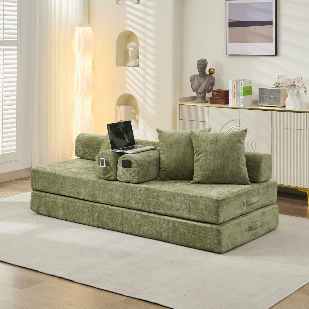 Comfy Convertible Folding Mattress Couch, Floor Sofa Bed, Chenille Floor Sofa with Armrest, Floor Sofa Lounge Couch for Living Room Bedroom Lounge Studio-Beige