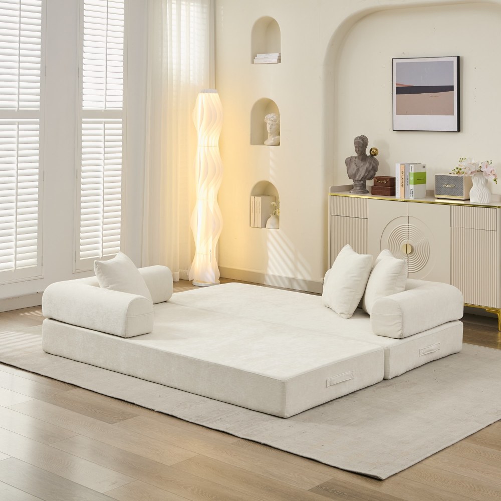 Comfy Convertible Folding Mattress Couch, Floor Sofa Bed, Chenille Floor Sofa with Armrest, Floor Sofa Lounge Couch for Living Room Bedroom Lounge Studio-Beige
