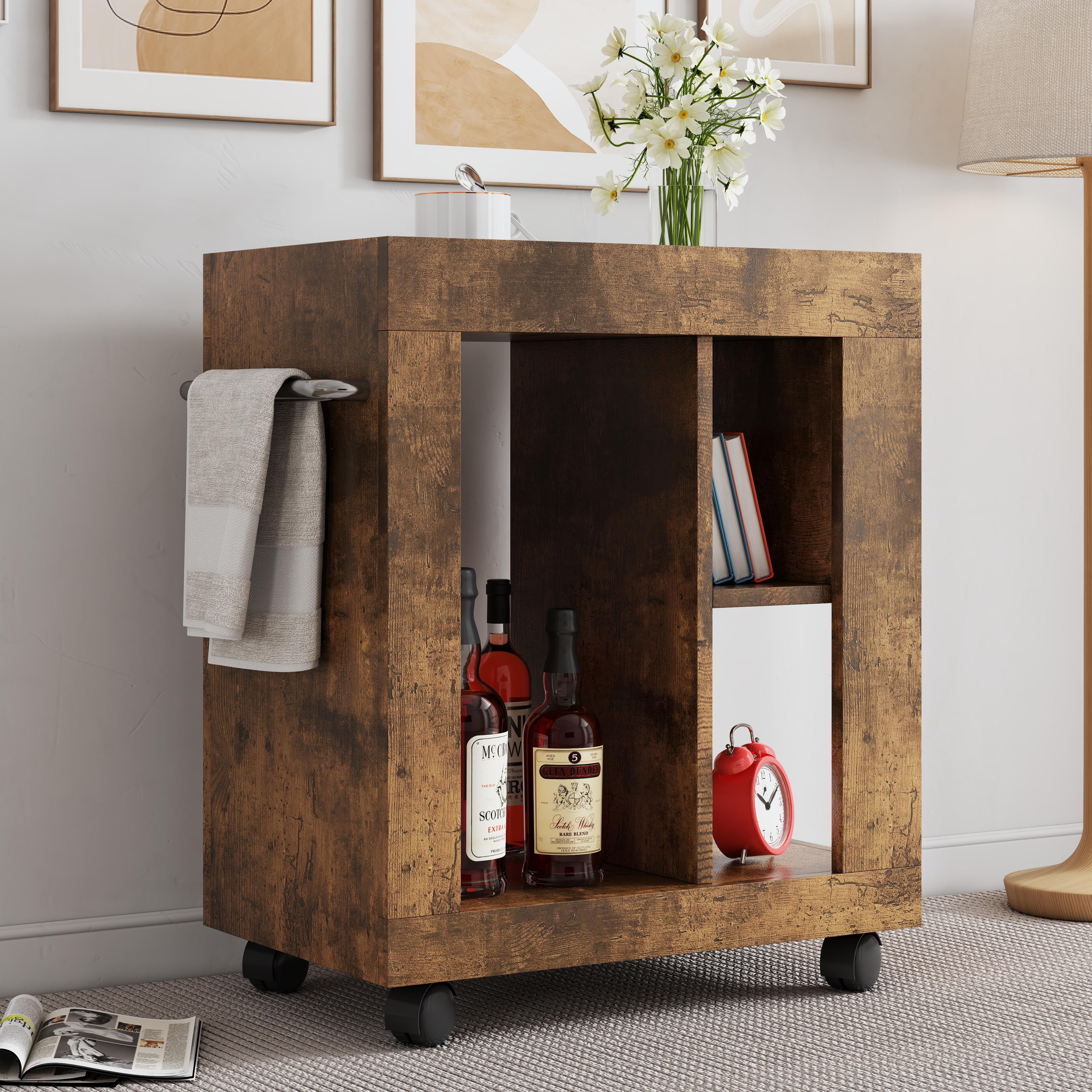 Mid-century modern style movable side cabinet for sofa, household brown trolley storage locker and shelf for living room