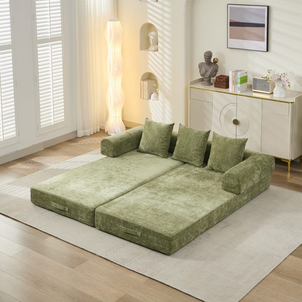Comfy Convertible Folding Mattress Couch, Floor Sofa Bed, Chenille Floor Sofa with Armrest, Floor Sofa Lounge Couch for Living Room Bedroom Lounge Studio-Beige