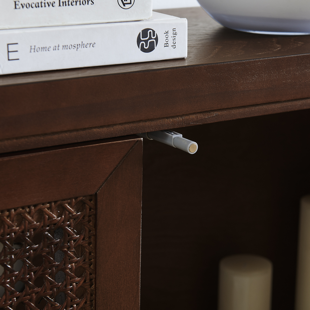 39.4" Mid Century Modern Rattan Sideboard Buffet Cabinet with 2 Outlet Holes, Coffee Bar Wine Bar Credenza, Retro Storage Cabinet for Entryway, Hallway, Living Room, Kitchen, Dining Room, Walnut