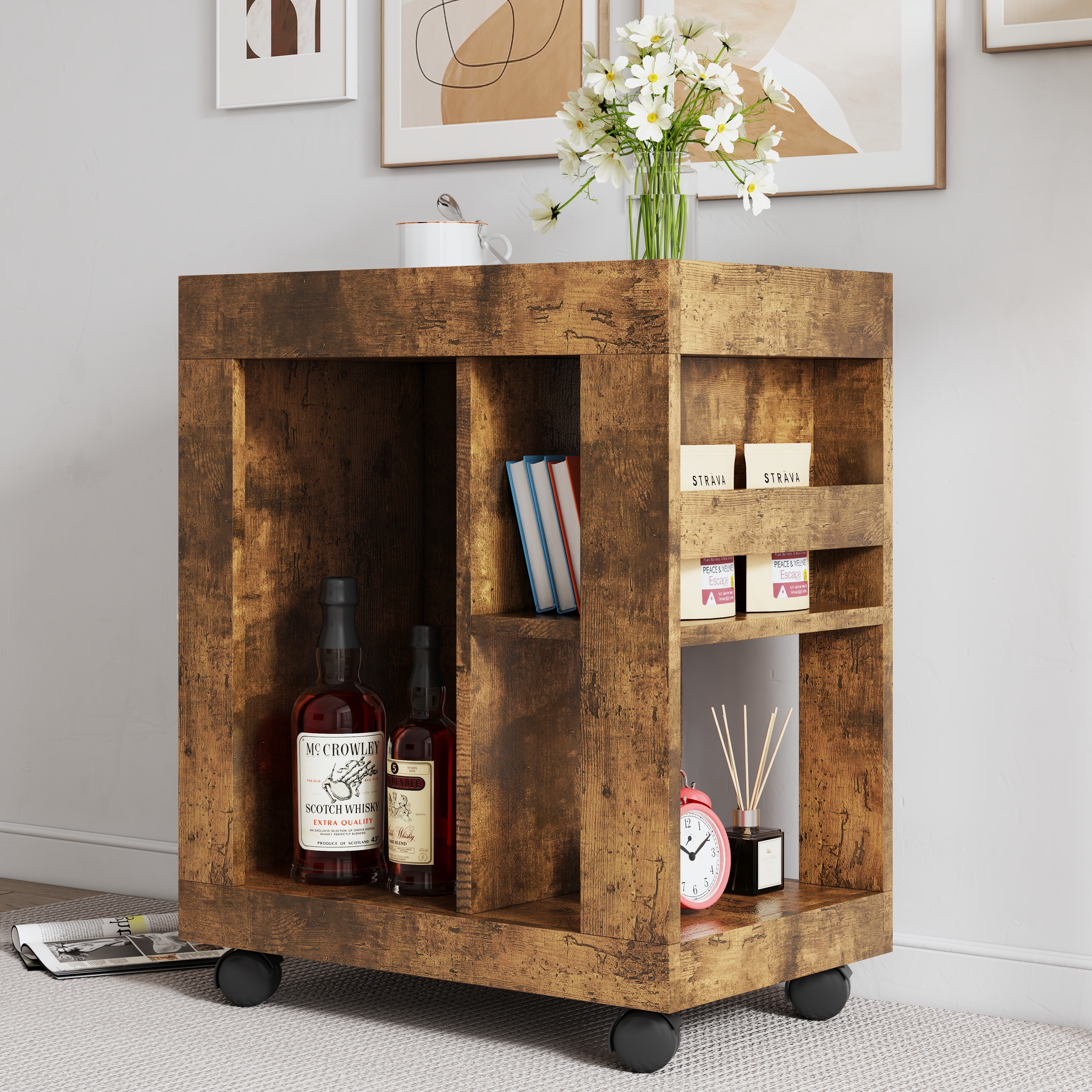 Mid-century modern style movable side cabinet for sofa, household brown trolley storage locker and shelf for living room