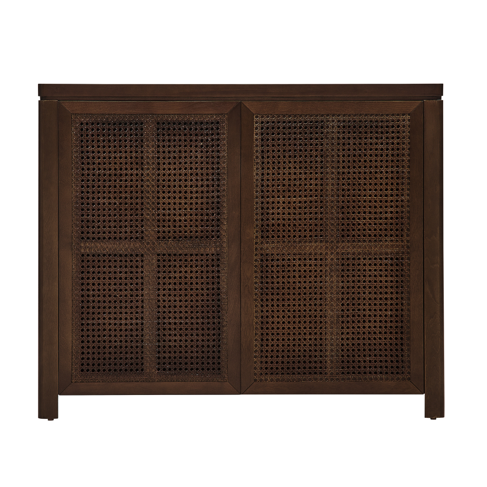 39.4" Mid Century Modern Rattan Sideboard Buffet Cabinet with 2 Outlet Holes, Coffee Bar Wine Bar Credenza, Retro Storage Cabinet for Entryway, Hallway, Living Room, Kitchen, Dining Room, Walnut