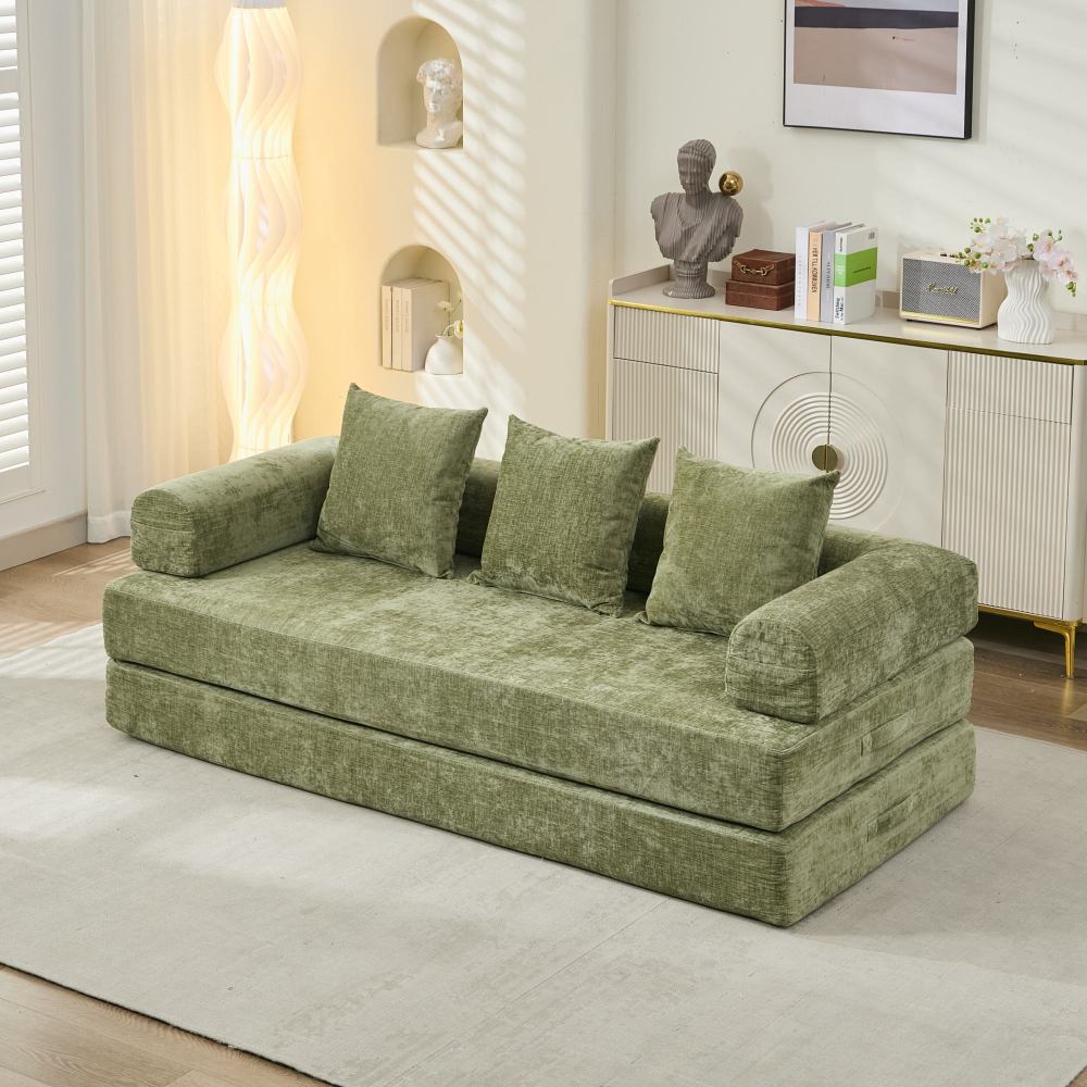 Comfy Convertible Folding Mattress Couch, Floor Sofa Bed, Chenille Floor Sofa with Armrest, Floor Sofa Lounge Couch for Living Room Bedroom Lounge Studio-Beige