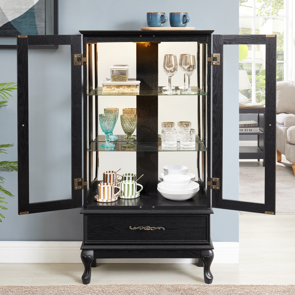 Lighted Curio Cabinet with Glass Doors and Adjustable Shelves 2 Door Wine Cabinet Display Curio Cabinet with LED Lights Light Black Finish and Drawer for Home Decor and Storage