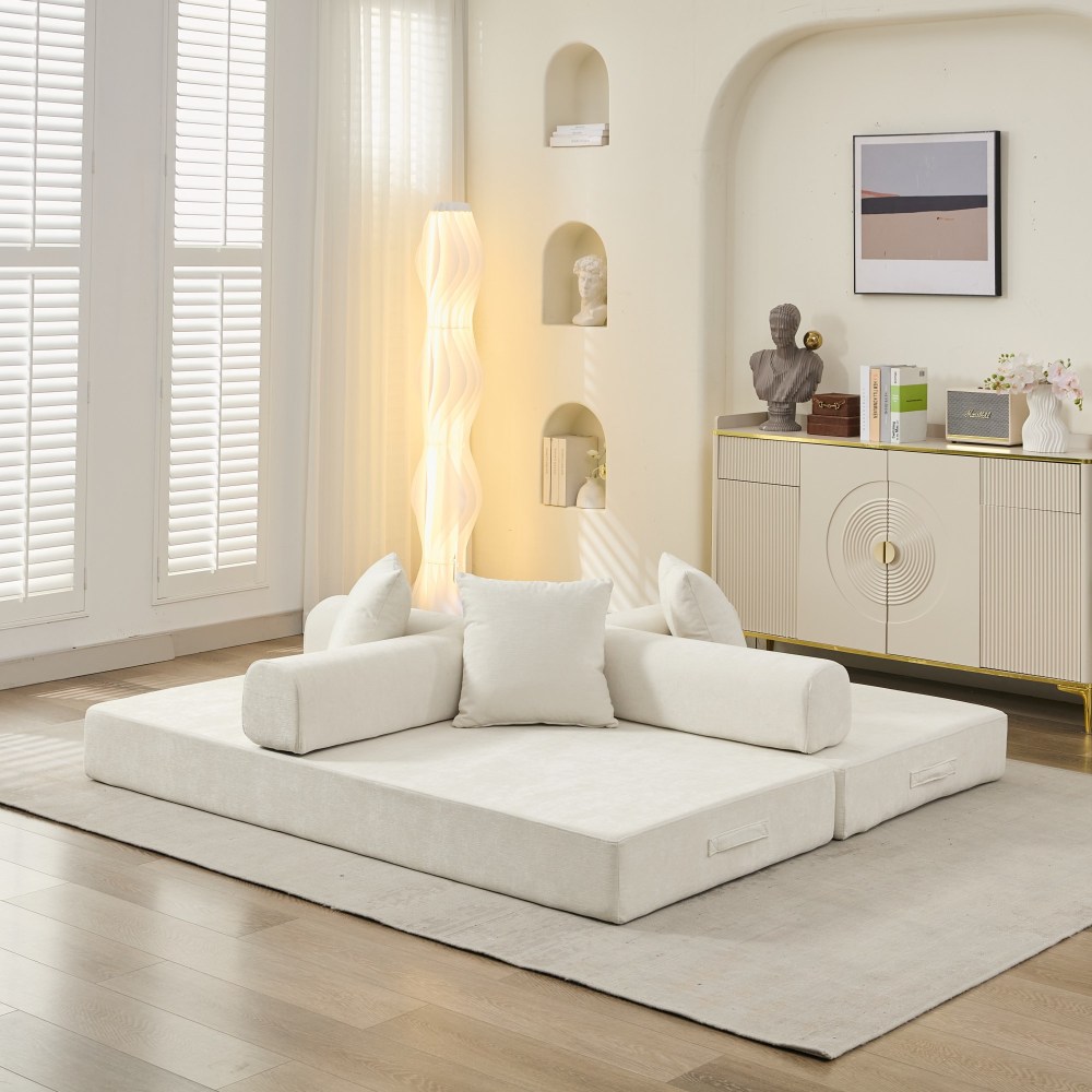 Comfy Convertible Folding Mattress Couch, Floor Sofa Bed, Chenille Floor Sofa with Armrest, Floor Sofa Lounge Couch for Living Room Bedroom Lounge Studio-Beige