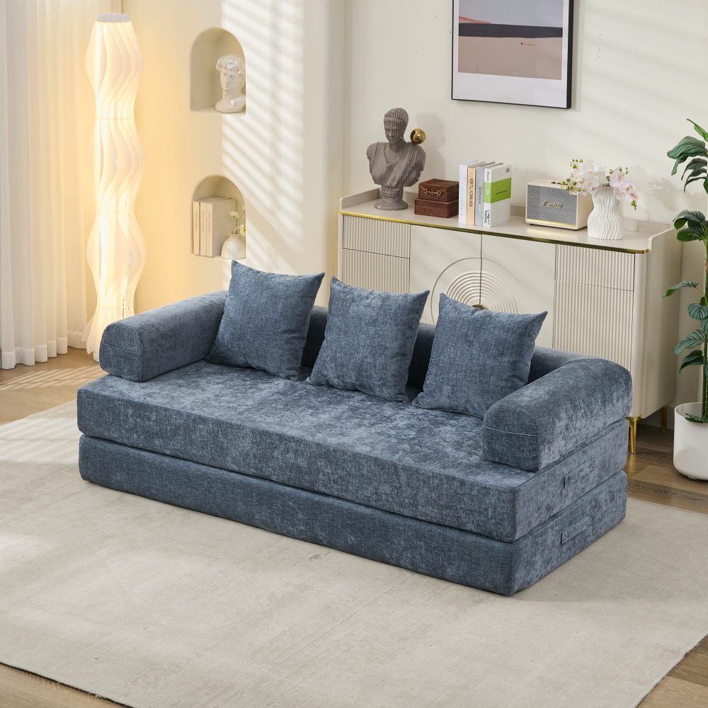 Comfy Convertible Folding Mattress Couch, Floor Sofa Bed, Chenille Floor Sofa with Armrest, Floor Sofa Lounge Couch for Living Room Bedroom Lounge Studio-Beige