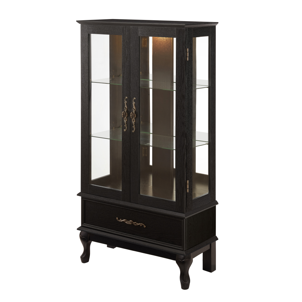 Lighted Curio Cabinet with Glass Doors and Adjustable Shelves 2 Door Wine Cabinet Display Curio Cabinet with LED Lights Light Black Finish and Drawer for Home Decor and Storage