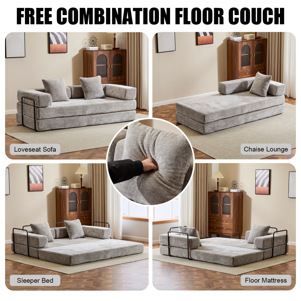 Floor Couch,Compression Sofa,Convertible Floor Sofa Bed-with Pillow Back Support Armrest,Comfy Futon Couch Lounge Sleeper Bed,Chenille fabric,for Living Room Bedroom (dark green)