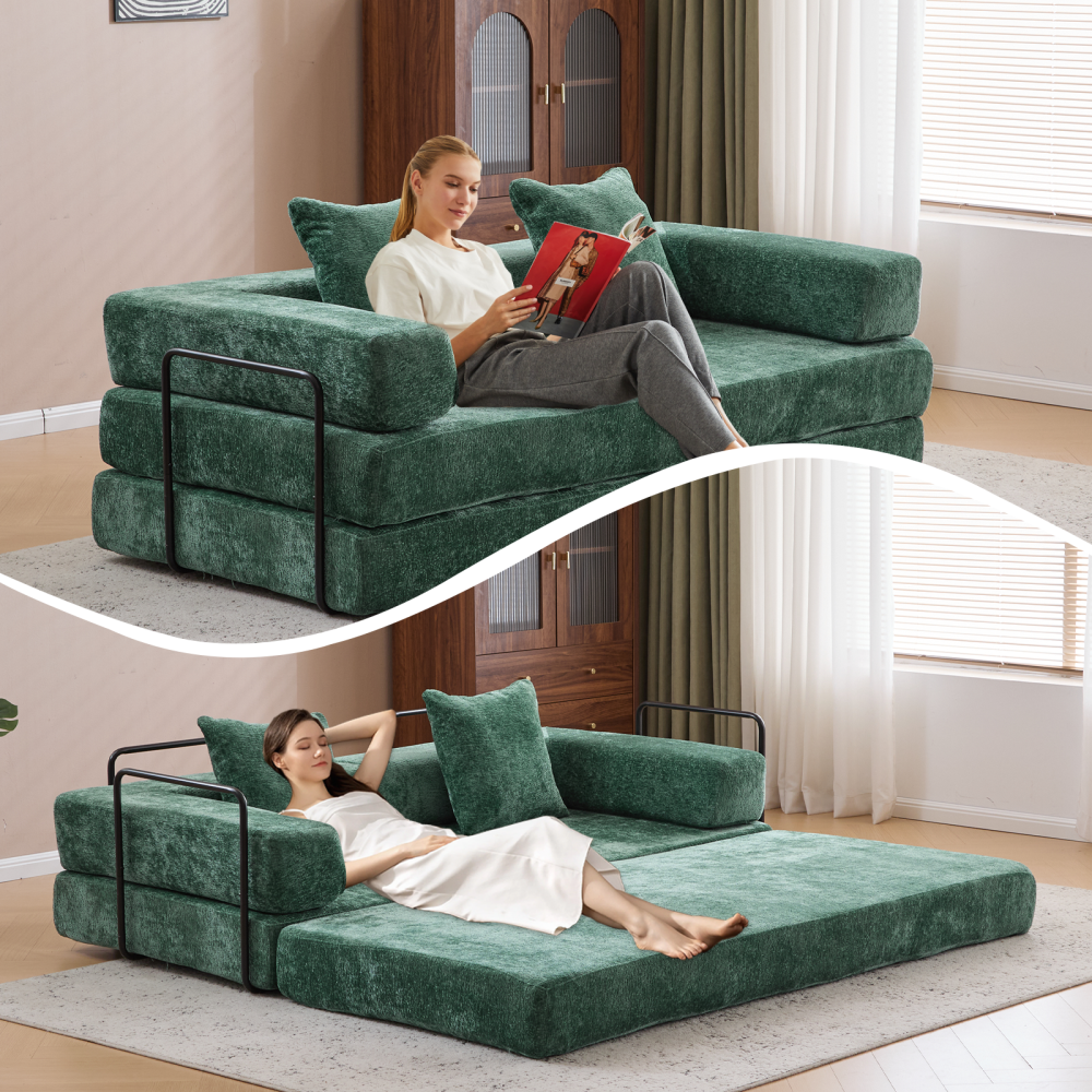 Floor Couch,Compression Sofa,Convertible Floor Sofa Bed-with Pillow Back Support Armrest,Comfy Futon Couch Lounge Sleeper Bed,Chenille fabric,for Living Room Bedroom (dark green)