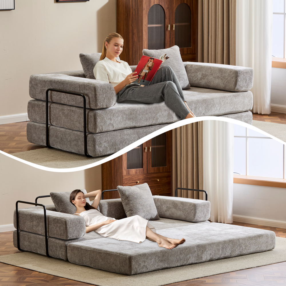Floor Couch,Compression Sofa,Convertible Floor Sofa Bed-with Pillow Back Support Armrest,Comfy Futon Couch Lounge Sleeper Bed,Chenille fabric,for Living Room Bedroom (dark green)