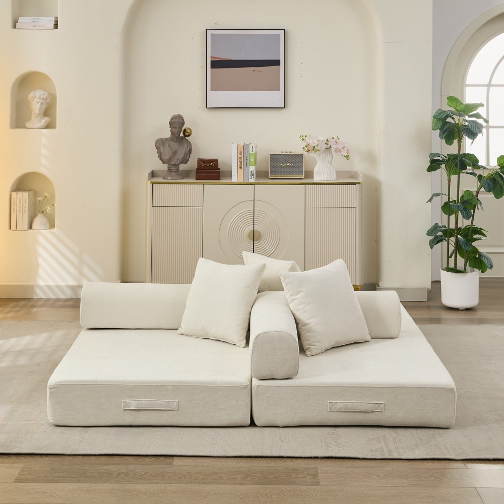Comfy Convertible Folding Mattress Couch, Floor Sofa Bed, Chenille Floor Sofa with Armrest, Floor Sofa Lounge Couch for Living Room Bedroom Lounge Studio-Beige