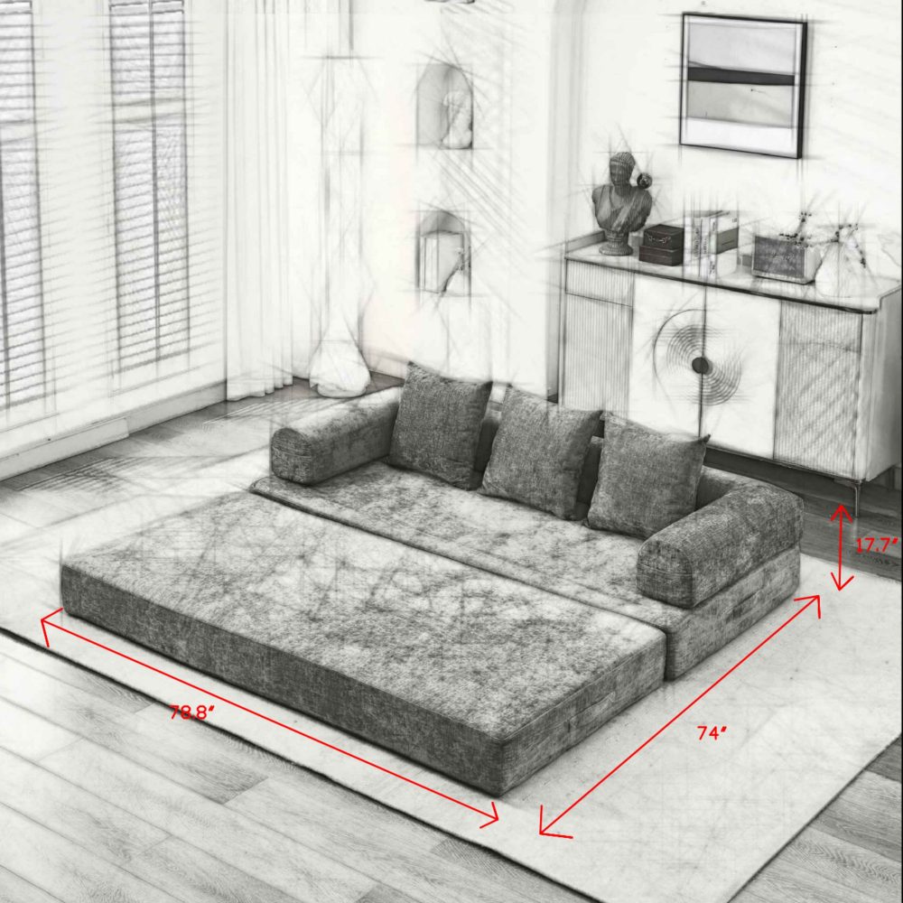 Comfy Convertible Folding Mattress Couch, Floor Sofa Bed, Chenille Floor Sofa with Armrest, Floor Sofa Lounge Couch for Living Room Bedroom Lounge Studio-Beige