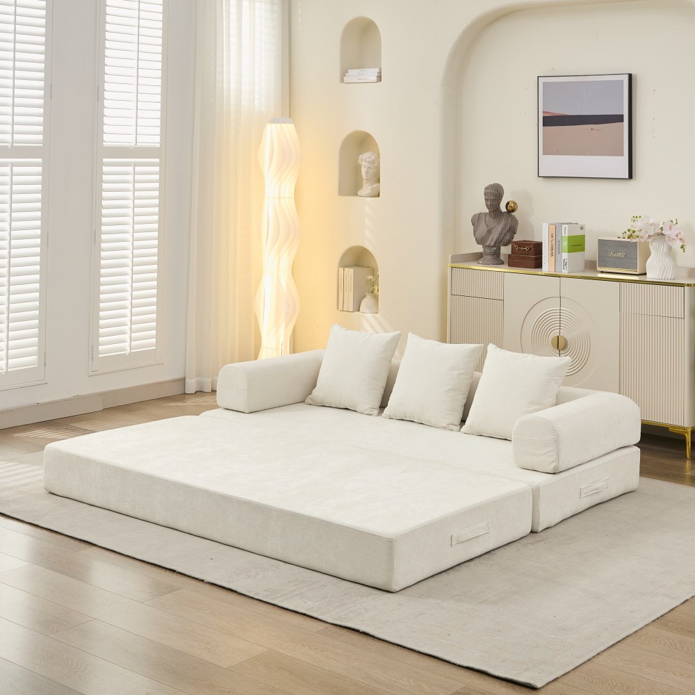Comfy Convertible Folding Mattress Couch, Floor Sofa Bed, Chenille Floor Sofa with Armrest, Floor Sofa Lounge Couch for Living Room Bedroom Lounge Studio-Beige
