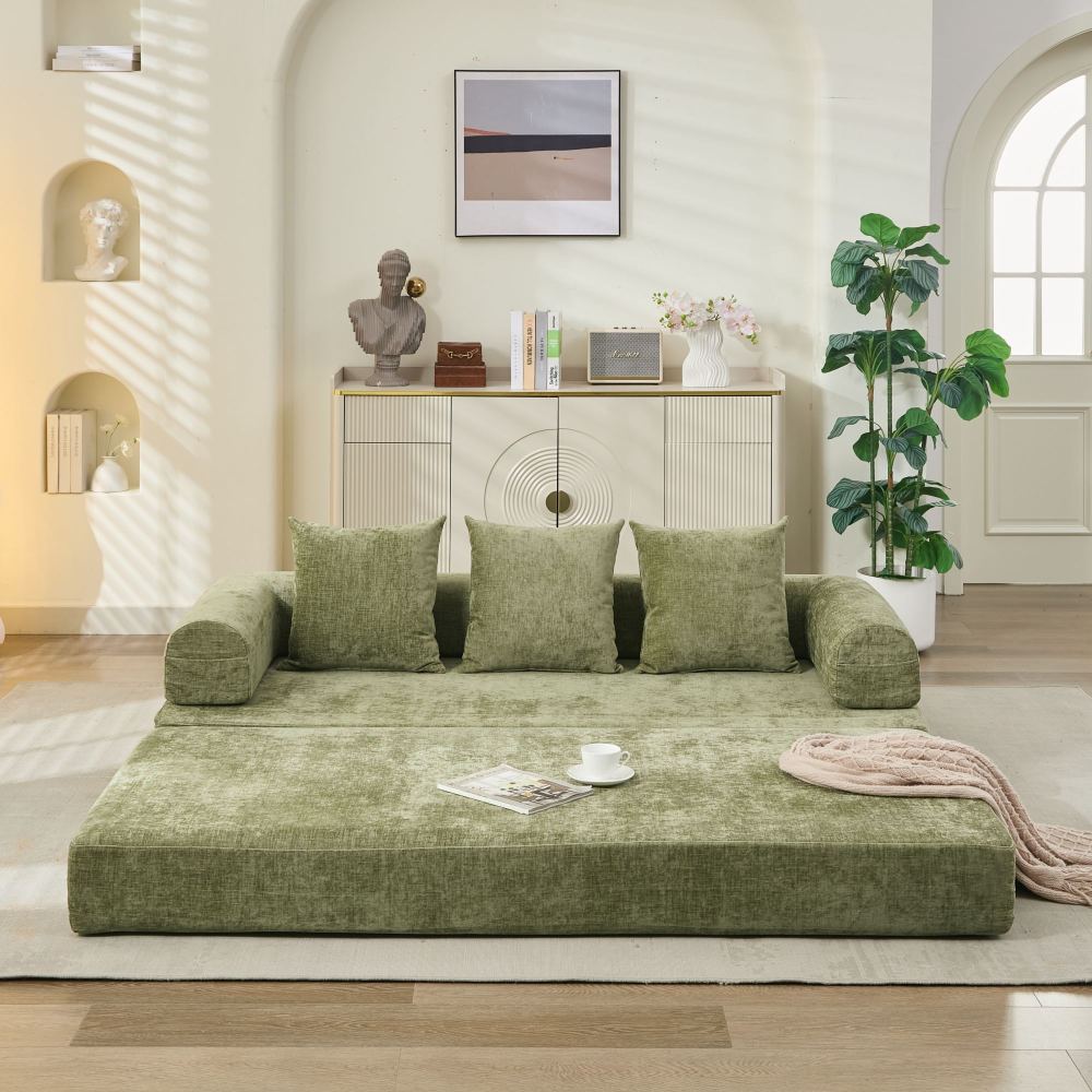 Comfy Convertible Folding Mattress Couch, Floor Sofa Bed, Chenille Floor Sofa with Armrest, Floor Sofa Lounge Couch for Living Room Bedroom Lounge Studio-Beige