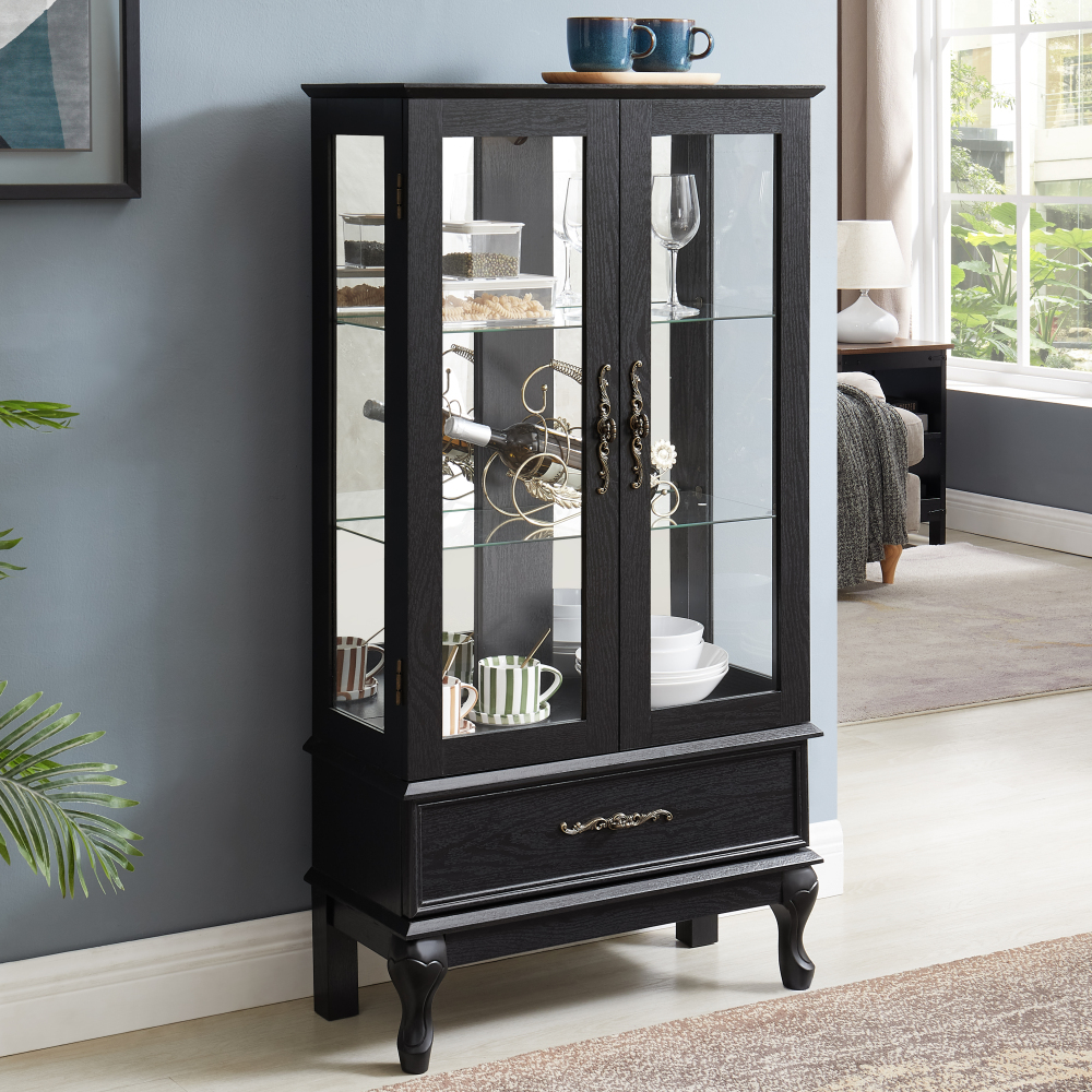 Lighted Curio Cabinet with Glass Doors and Adjustable Shelves 2 Door Wine Cabinet Display Curio Cabinet with LED Lights Light Black Finish and Drawer for Home Decor and Storage