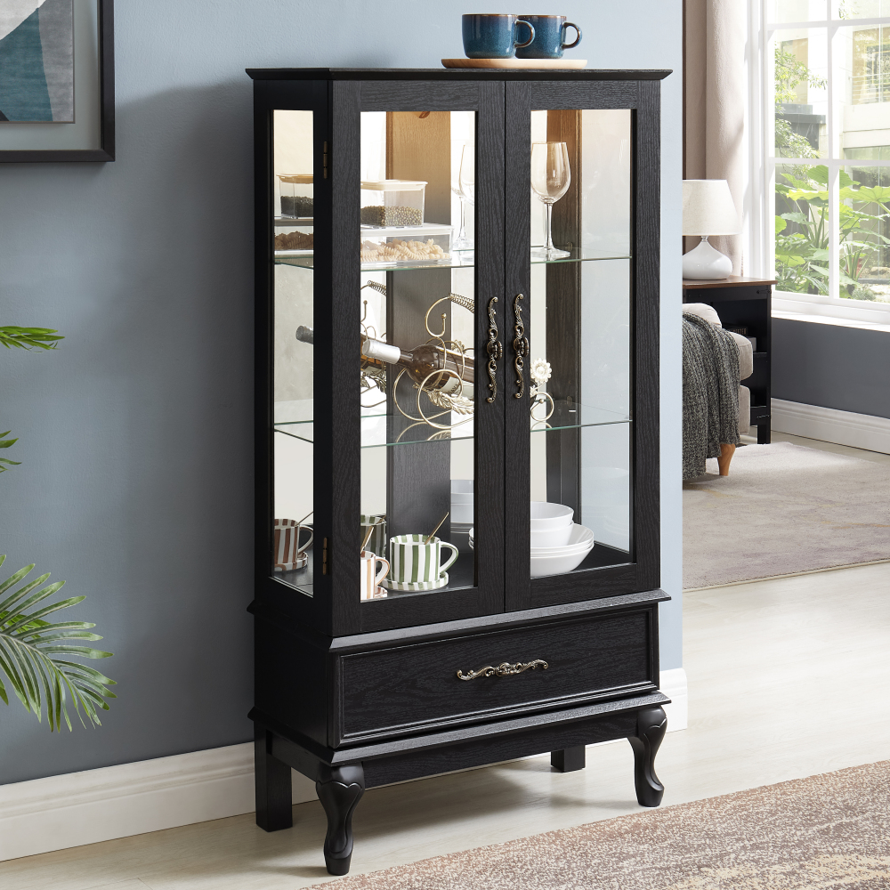 Lighted Curio Cabinet with Glass Doors and Adjustable Shelves 2 Door Wine Cabinet Display Curio Cabinet with LED Lights Light Black Finish and Drawer for Home Decor and Storage