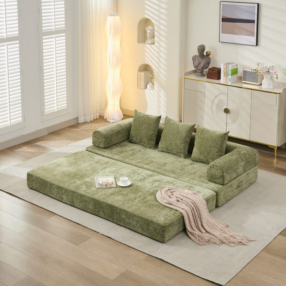 Comfy Convertible Folding Mattress Couch, Floor Sofa Bed, Chenille Floor Sofa with Armrest, Floor Sofa Lounge Couch for Living Room Bedroom Lounge Studio-Beige