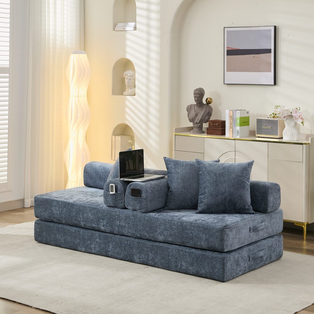 Comfy Convertible Folding Mattress Couch, Floor Sofa Bed, Chenille Floor Sofa with Armrest, Floor Sofa Lounge Couch for Living Room Bedroom Lounge Studio-Beige