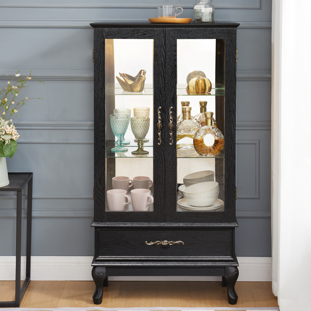Lighted Curio Cabinet with Glass Doors and Adjustable Shelves 2 Door Wine Cabinet Display Curio Cabinet with LED Lights Light Black Finish and Drawer for Home Decor and Storage