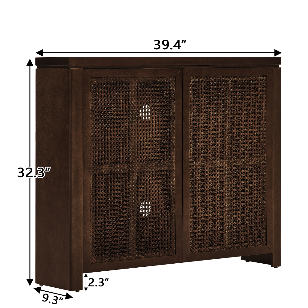 39.4" Mid Century Modern Rattan Sideboard Buffet Cabinet with 2 Outlet Holes, Coffee Bar Wine Bar Credenza, Retro Storage Cabinet for Entryway, Hallway, Living Room, Kitchen, Dining Room, Walnut