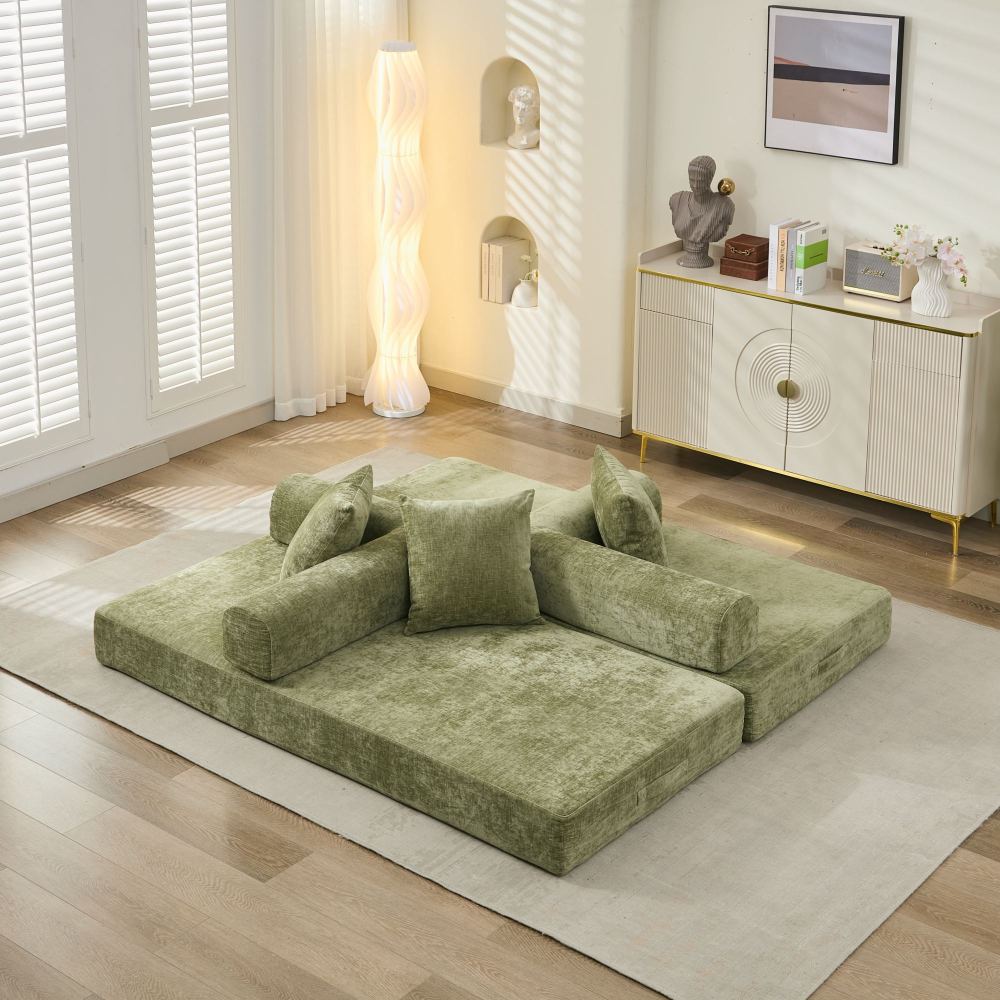 Comfy Convertible Folding Mattress Couch, Floor Sofa Bed, Chenille Floor Sofa with Armrest, Floor Sofa Lounge Couch for Living Room Bedroom Lounge Studio-Beige