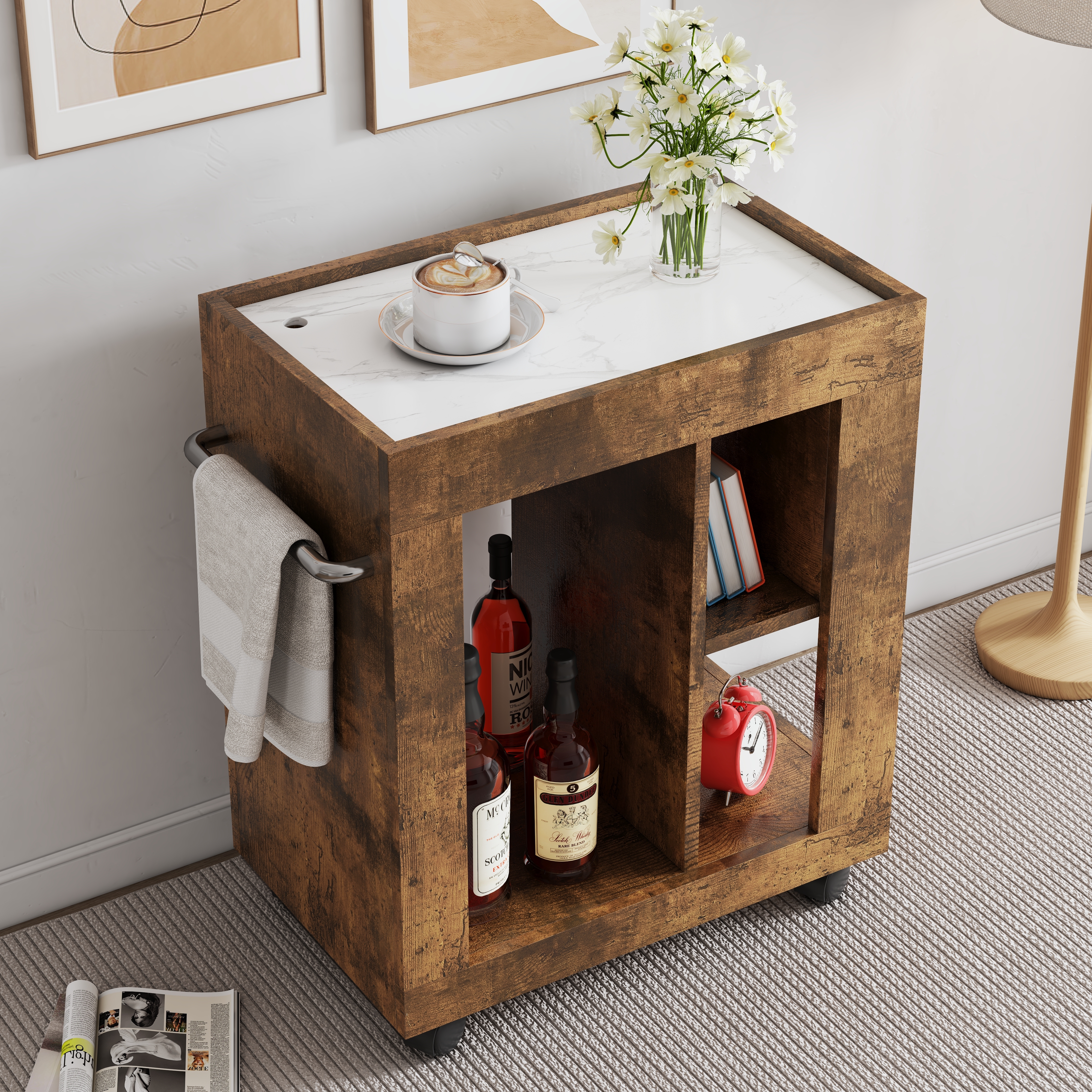 Mid-century modern style movable side cabinet for sofa, household brown trolley storage locker and shelf for living room