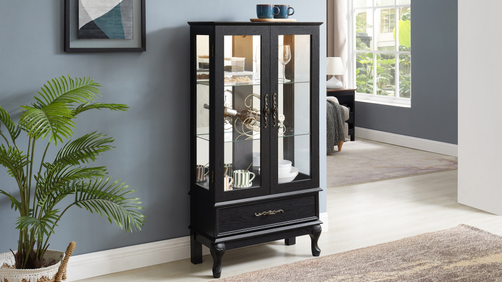 Lighted Curio Cabinet with Glass Doors and Adjustable Shelves 2 Door Wine Cabinet Display Curio Cabinet with LED Lights Light Black Finish and Drawer for Home Decor and Storage